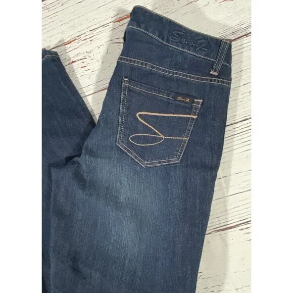Seven7 Jeans Womens Size 10 Mid Rise Flare Dark Wash Blue Denim Hippie Festival - Picture 10 of 13
